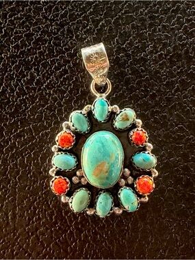 Handmade 925 Sterling Silver Turquoise and Fire Opal Pendant - Women Jewelry